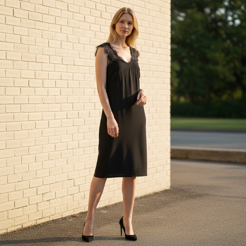 Comptoir des Cotonniers Cupro Lace Trim Slip Dress Women Black Sleeveless Large